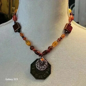 Semi precious Beaded Necklace With Chinese zodiac vintage copper pendant.